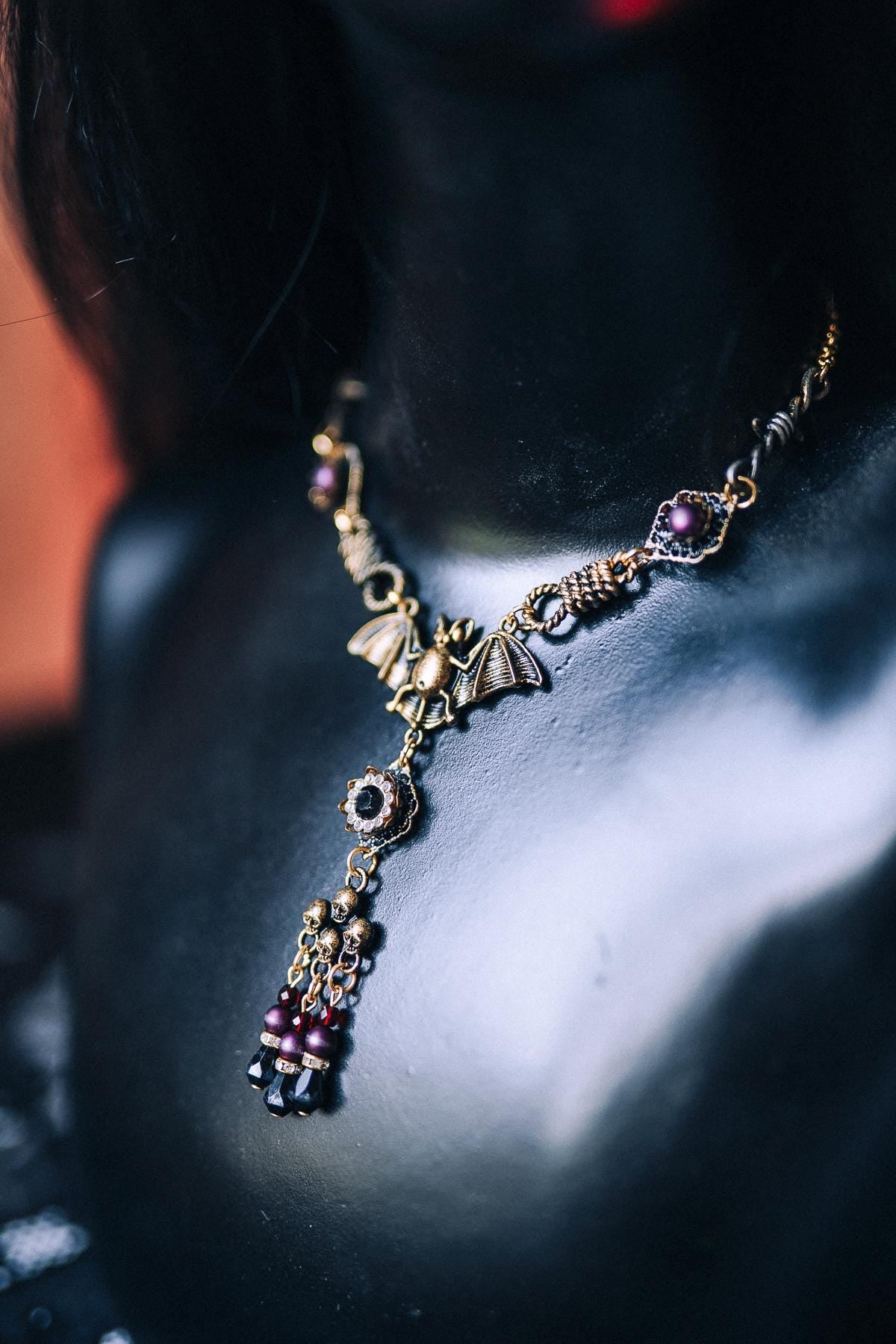 Morticia Addams Gothic Choker Necklace Black Gold Red Crystals Skull Spider Dark Queen Jewelry