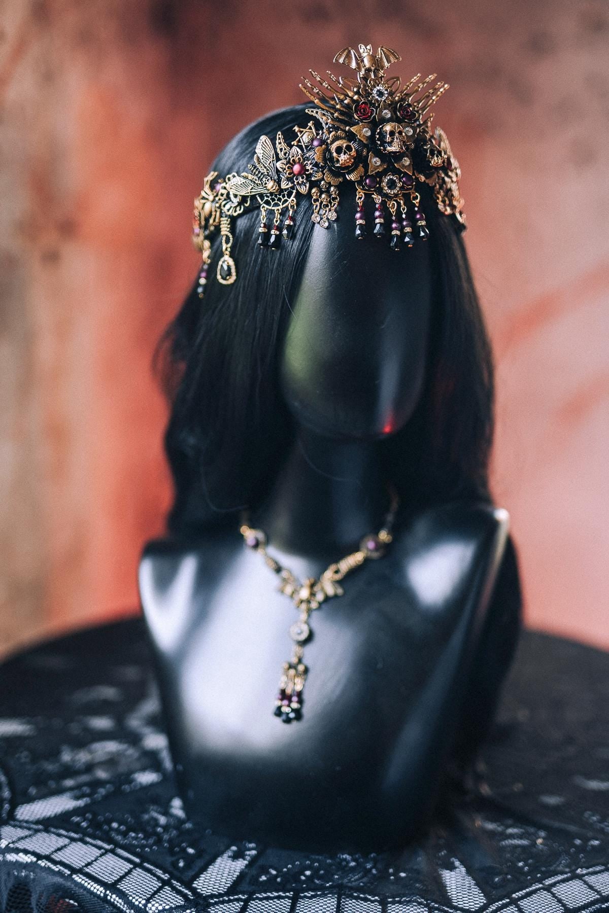 Morticia Addams Gothic Choker Necklace Black Gold Red Crystals Skull Spider Dark Queen Jewelry