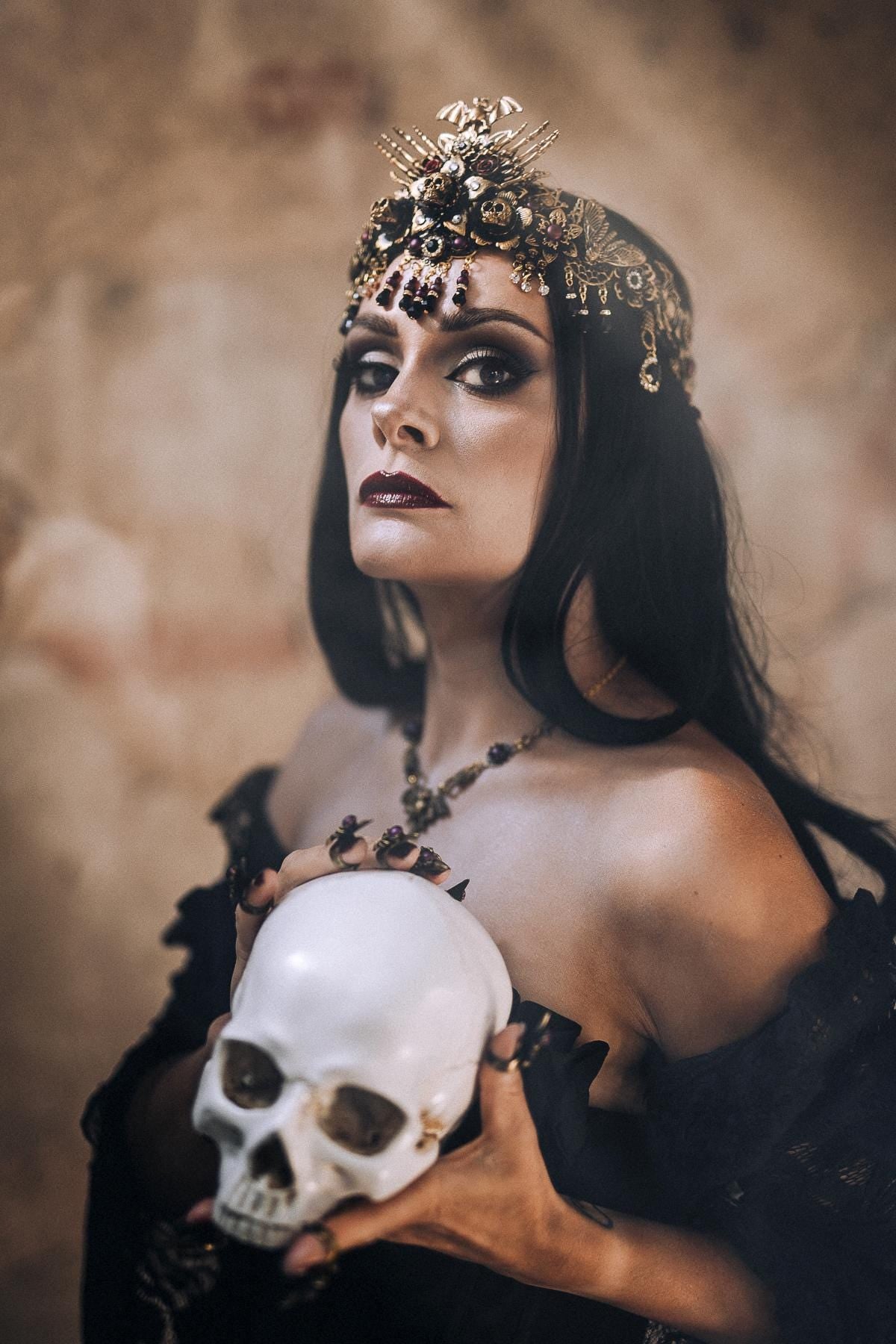 Morticia Addams Gothic Choker Necklace Black Gold Red Crystals Skull Spider Dark Queen Jewelry