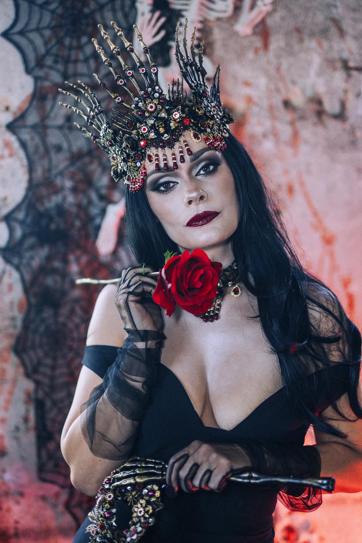 Morticia Gothic Skeleton Hands Crown Red Black Crystal Roses Halloween Tiara Vampire Queen Headpiece