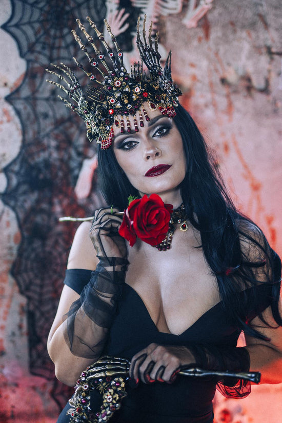 Morticia Gothic Skeleton Hands Crown Red Black Crystal Roses Halloween Tiara Vampire Queen Headpiece
