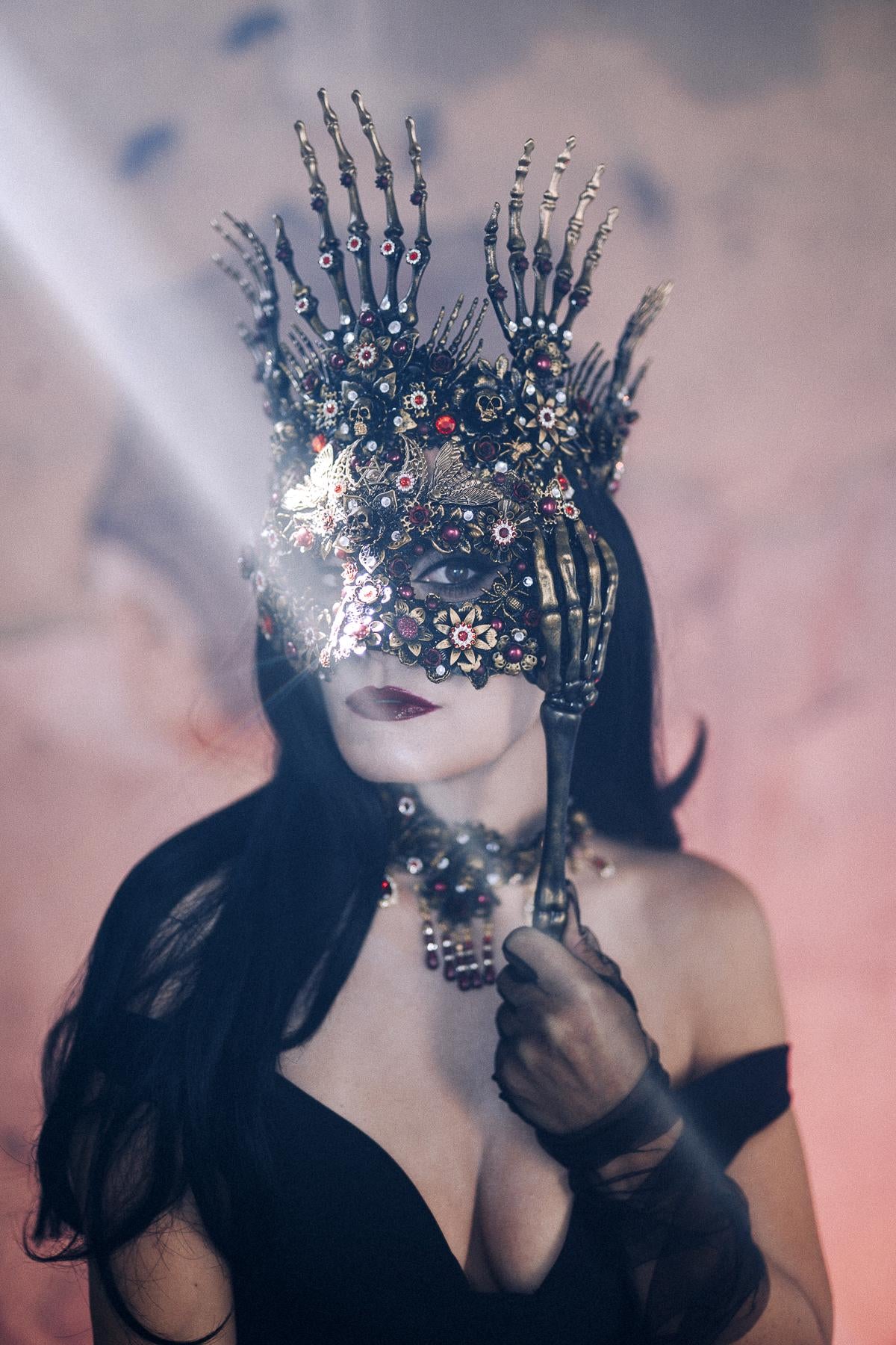 Morticia Gothic Skeleton Hands Crown Red Black Crystal Roses Halloween Tiara Vampire Queen Headpiece