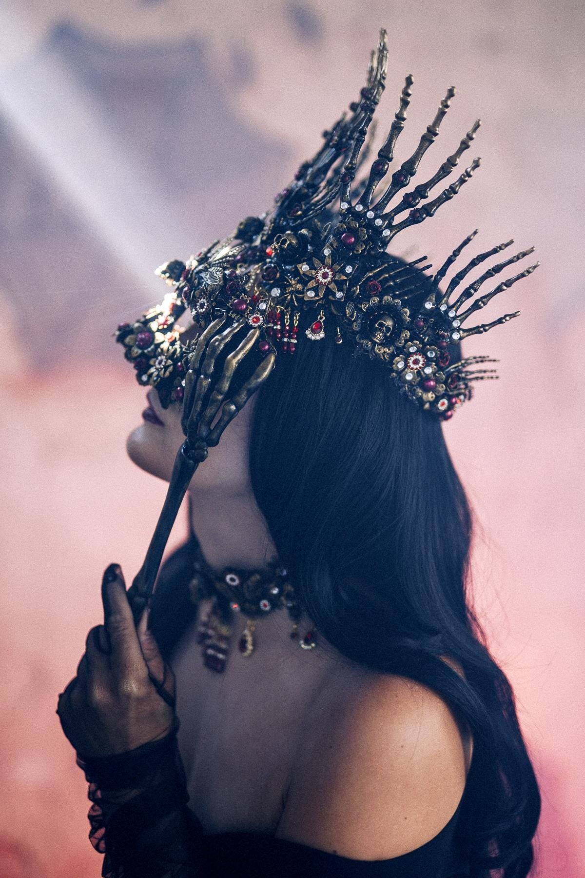 Morticia Addams Gothic Choker Necklace Black Roses Red Crystals Skull Spider Dark Queen Jewelry