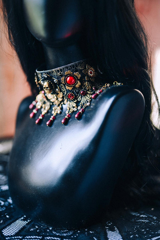 Morticia Addams Gothic Choker Necklace Black Roses Red Crystals Skull Spider Dark Queen Jewelry