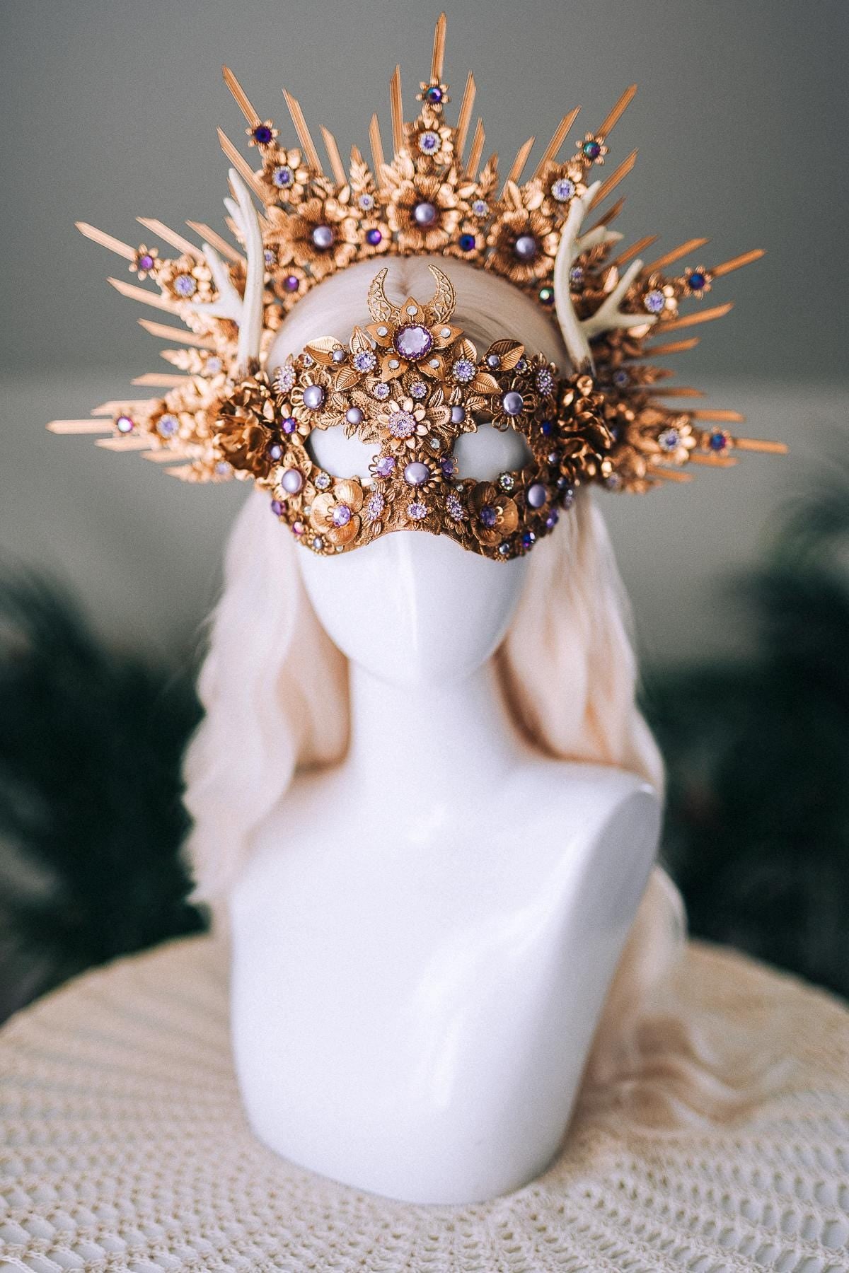 Gold Masquerade Mask Halloween Crown Deer Antler Mask And Crown Set Floral Halo Crown Goddess Costume Masked Ball Headpiece