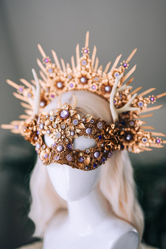 Gold Masquerade Mask Halloween Crown Deer Antler Mask And Crown Set Floral Halo Crown Goddess Costume Masked Ball Headpiece