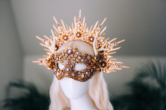 Gold Masquerade Mask Halloween Crown Deer Antler Mask And Crown Set Floral Halo Crown Goddess Costume Masked Ball Headpiece
