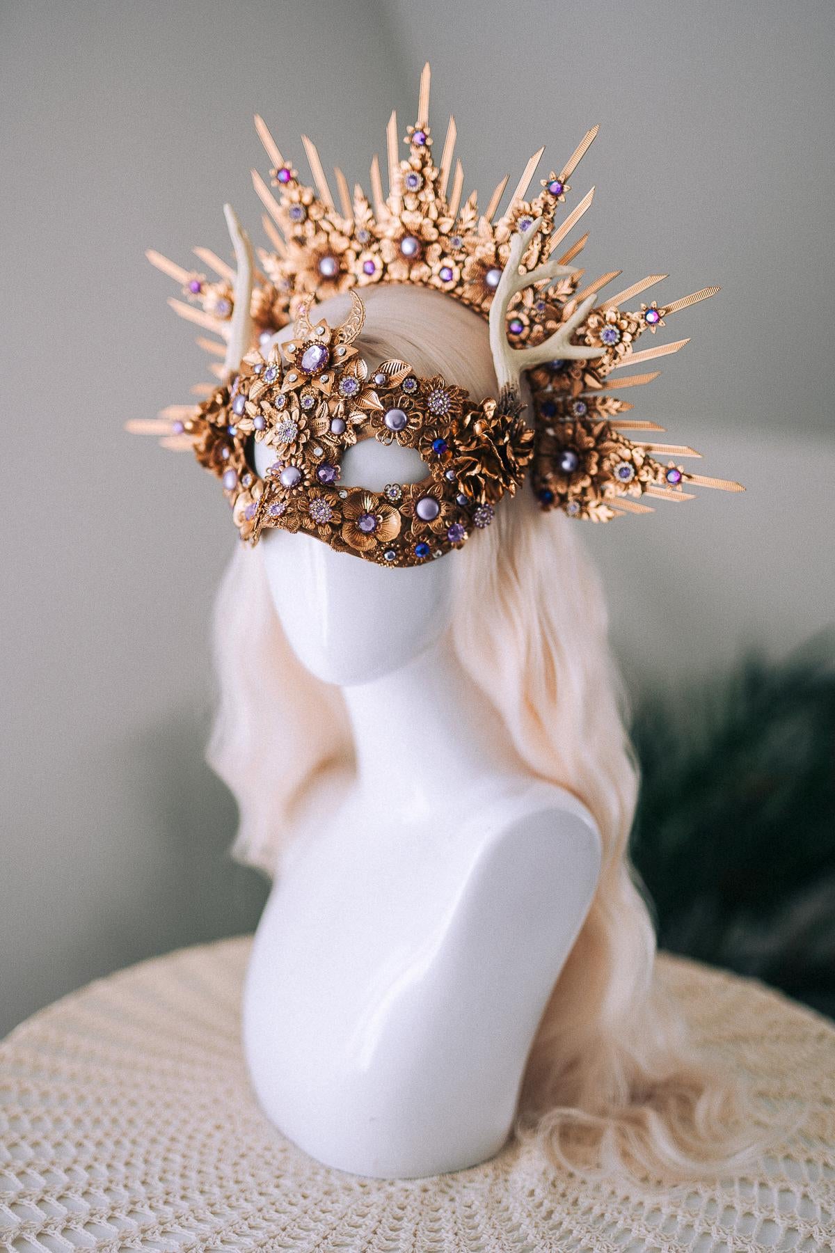 Gold Masquerade Mask Halloween Crown Deer Antler Mask And Crown Set Floral Halo Crown Goddess Costume Masked Ball Headpiece