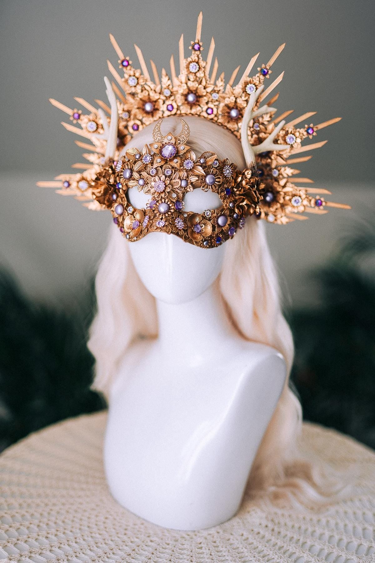Gold Masquerade Mask Halloween Crown Deer Antler Mask And Crown Set Floral Halo Crown Goddess Costume Masked Ball Headpiece