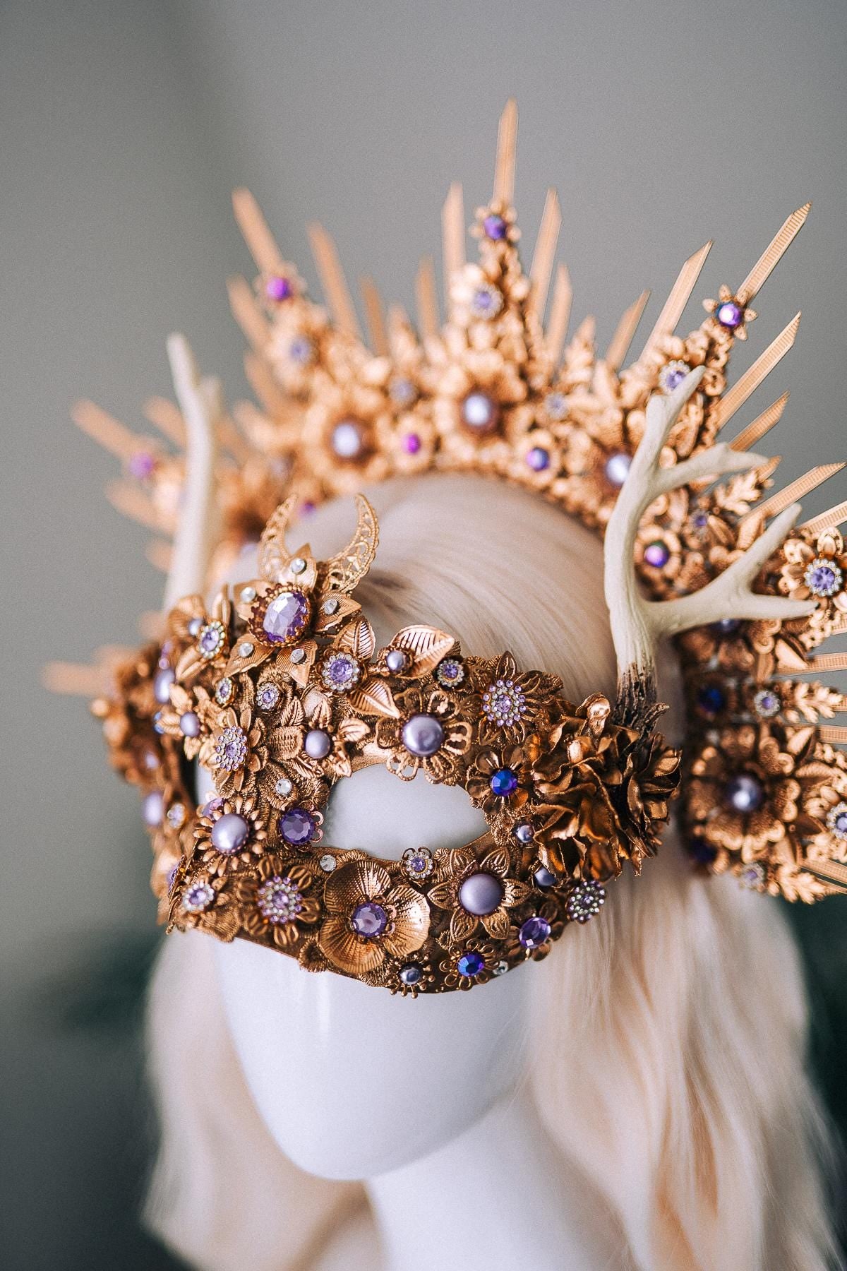 Gold Masquerade Mask Halloween Crown Deer Antler Mask And Crown Set Floral Halo Crown Goddess Costume Masked Ball Headpiece