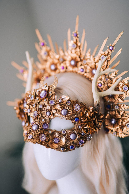 Gold Masquerade Mask Halloween Crown Deer Antler Mask And Crown Set Floral Halo Crown Goddess Costume Masked Ball Headpiece