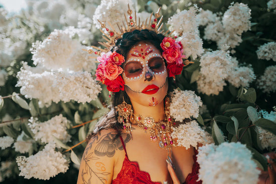 La Catrina Red Gold Halo Crown Floral Skull Goddess Headpiece Halloween Costume Tiara Festival Headdress