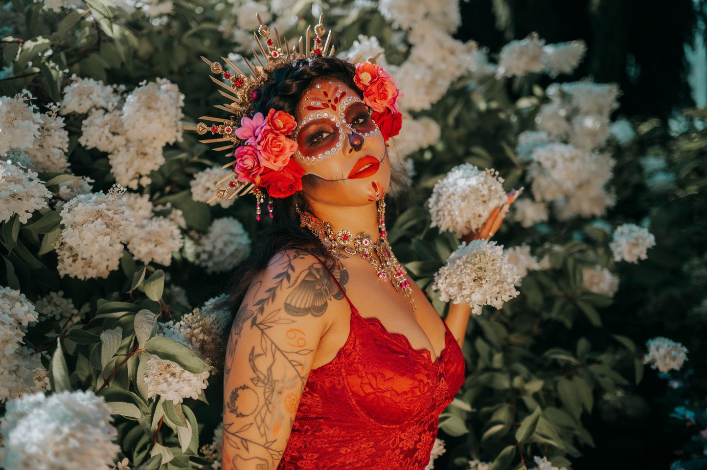 La Catrina Red Gold Halo Crown Floral Skull Goddess Headpiece Halloween Costume Tiara Festival Headdress