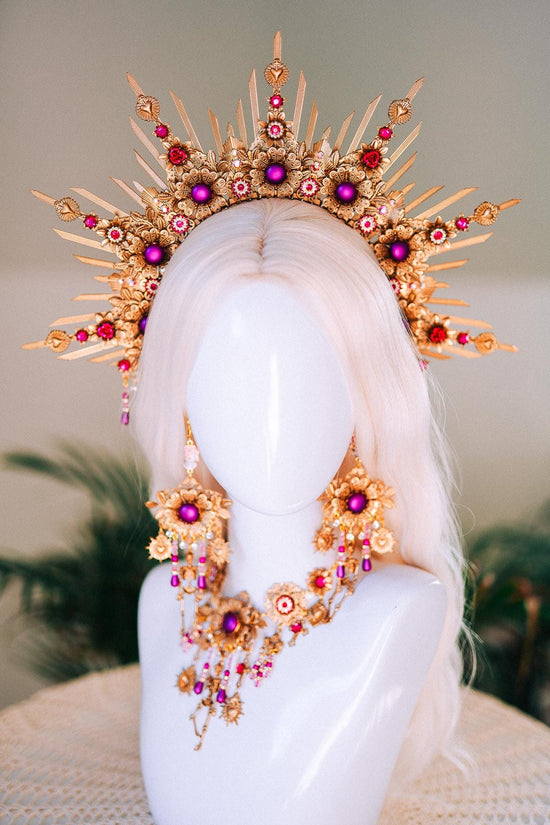 La Catrina Red Gold Halo Crown Floral Skull Goddess Headpiece Halloween Costume Tiara Festival Headdress