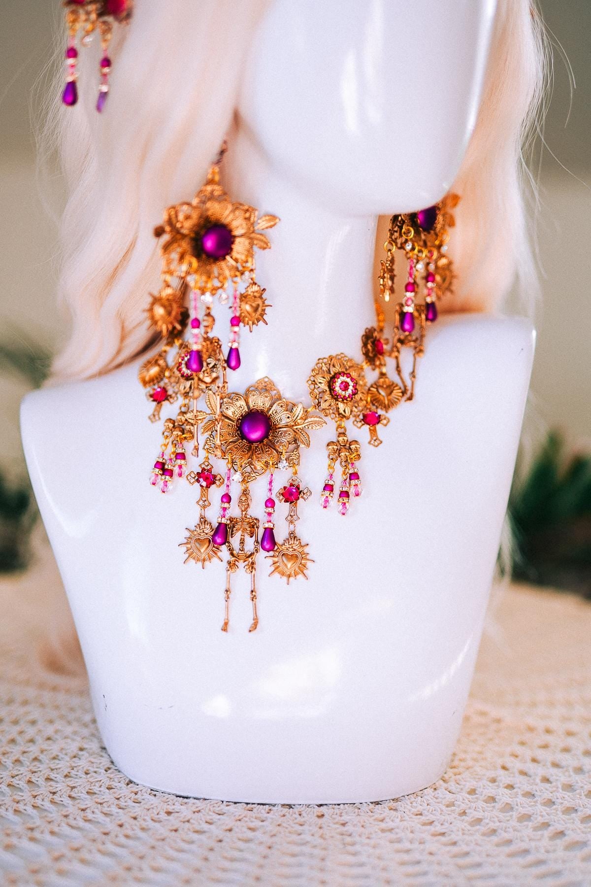 La Catrina Red Gold Halo Crown Floral Skull Goddess Headpiece Halloween Costume Tiara Festival Headdress