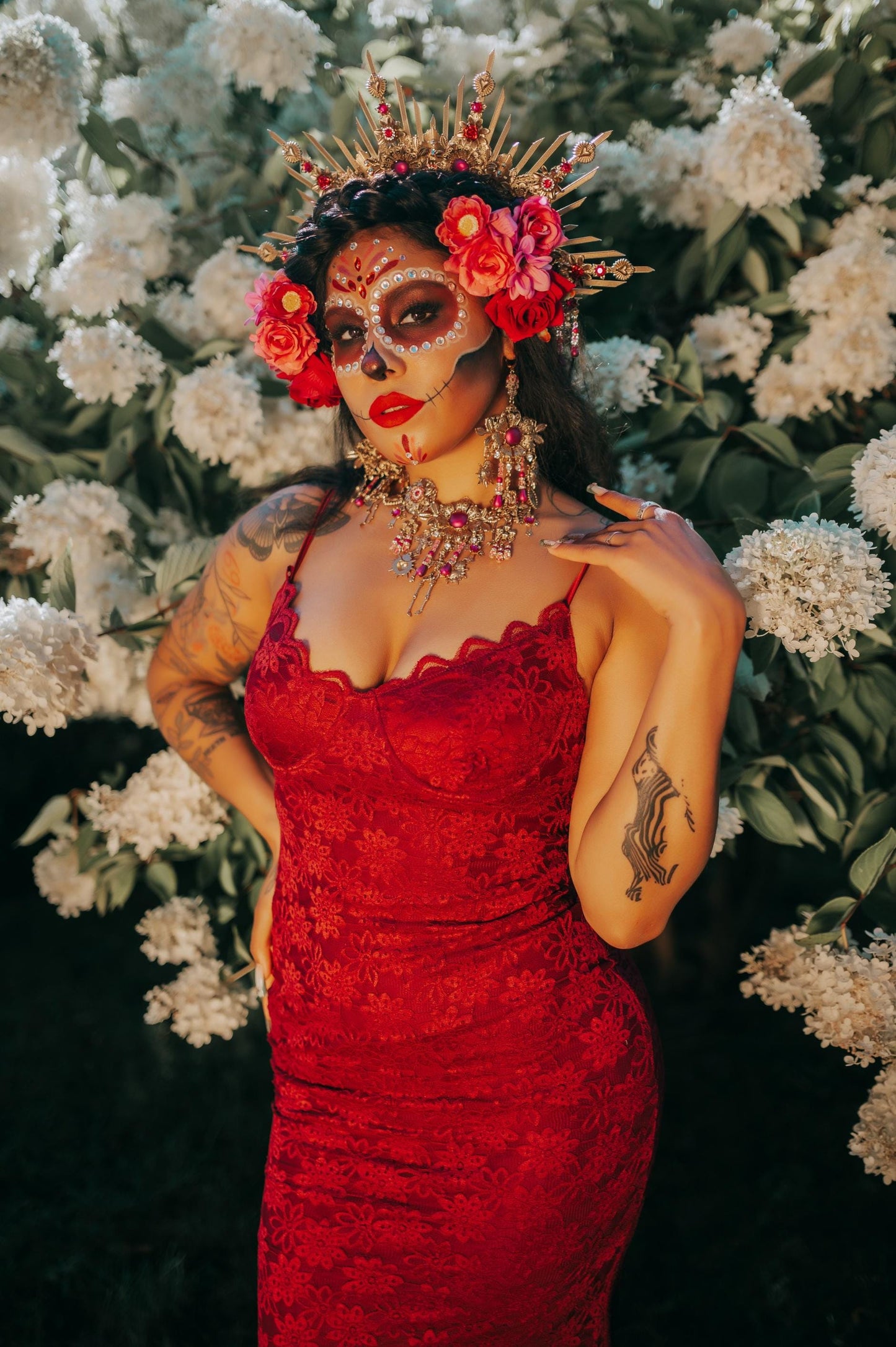 La Catrina Red Gold Necklace Floral Gothic Jewelry Dia De Los Muertos Statement Choker Festival Costume Accessory