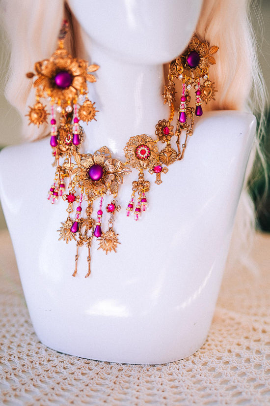 La Catrina Red Gold Necklace Floral Gothic Jewelry Dia De Los Muertos Statement Choker Festival Costume Accessory