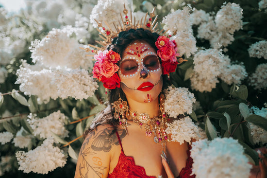 La Catrina Red Gold Hairpins Floral Gothic Dia De Muertos Festival Halloween Costume Accessories Set