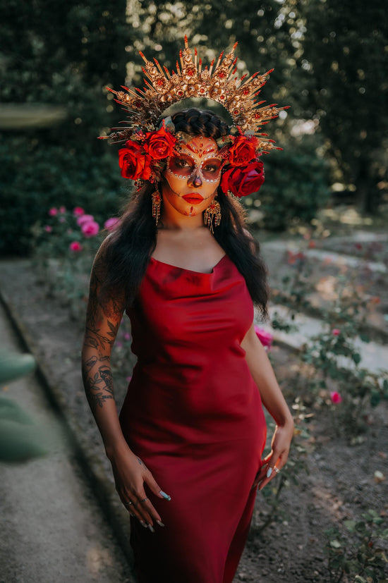 La Catrina Red Roses Gold Halo Crown Gothic Halloween Costume Headpiece Sacred Mexican Dia De Muertos Crown