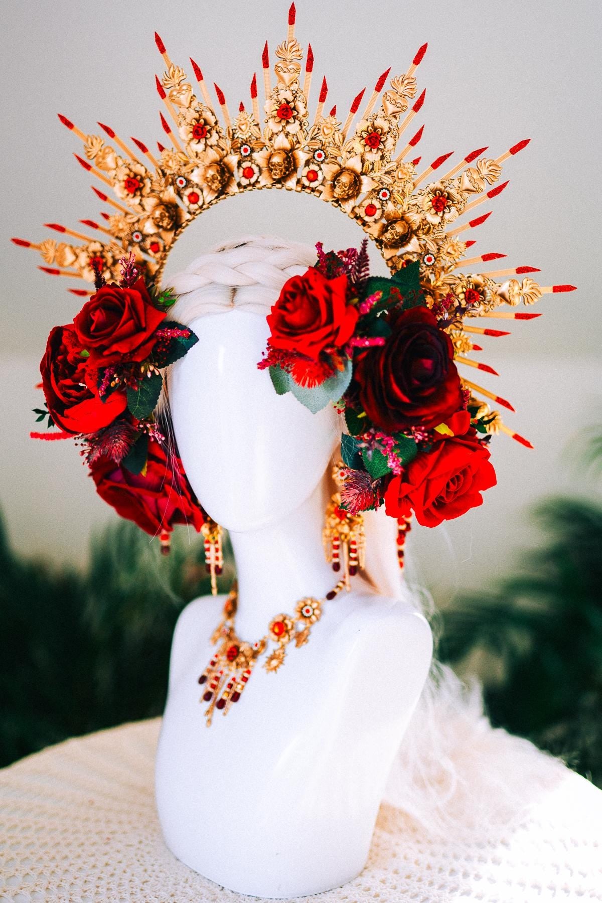 Red Gold La Catrina Necklace Dia De Muertos Jewelry Gothic Statement Necklace Mexican Festival Choker Halloween Goddess Necklace