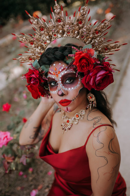 Red Gold La Catrina Necklace Dia De Muertos Jewelry Gothic Statement Necklace Mexican Festival Choker Halloween Goddess Necklace