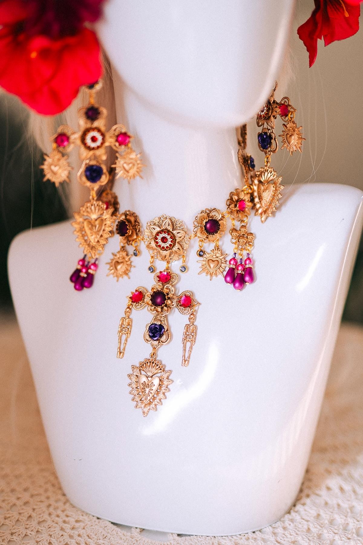 La Catrina Earrings Sacred Heart Cross Jewelry Gold Pink Purple Statement Earrings Mexican Festival Jewelry Dia De Los Muertos