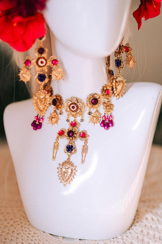 La Catrina Earrings Sacred Heart Cross Jewelry Gold Pink Purple Statement Earrings Mexican Festival Jewelry Dia De Los Muertos