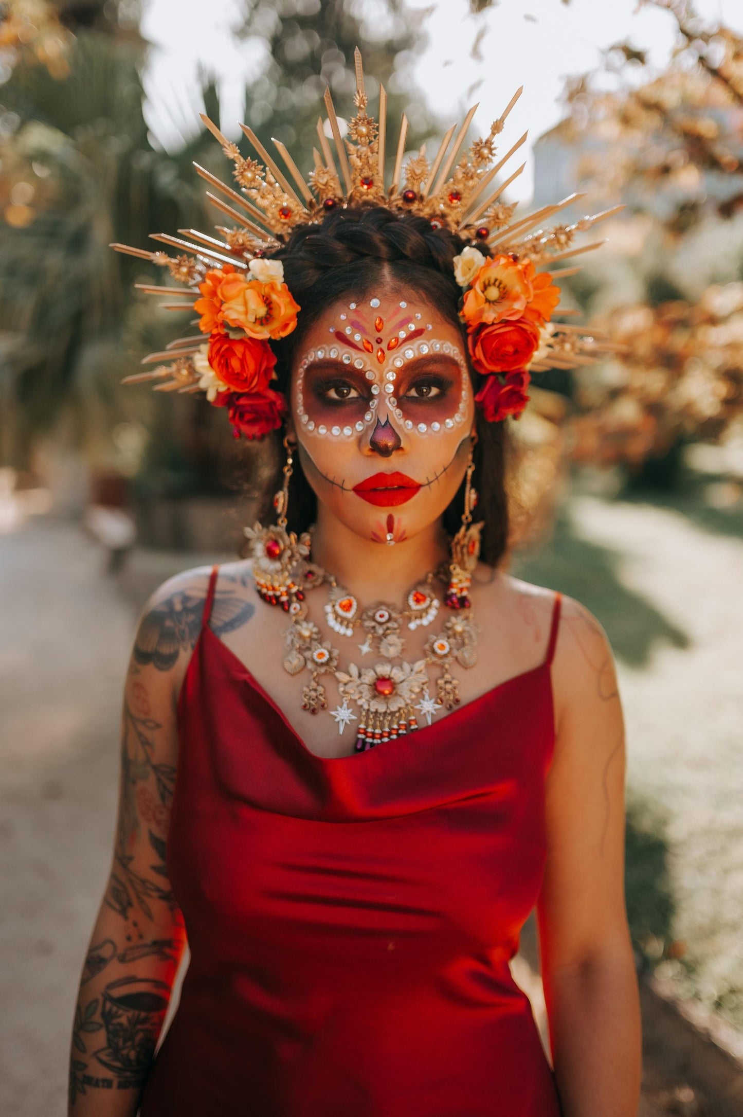 La Catrina Crown Red Roses Orange Flowers Gold Halo Mexican Día De Los Muertos Headpiece Spiritual Floral Goddess Crown