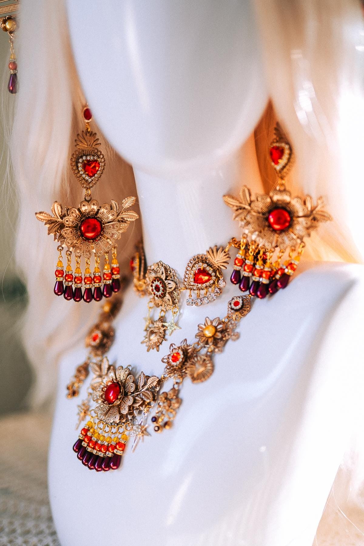 La Catrina Crown Red Roses Orange Flowers Gold Halo Mexican Día De Los Muertos Headpiece Spiritual Floral Goddess Crown