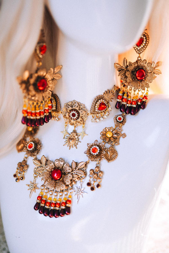 La Catrina Necklace Red Roses Gold Flowers Sacred Heart Mexican Día De Los Muertos Jewelry Spiritual Festival Goddess Choker