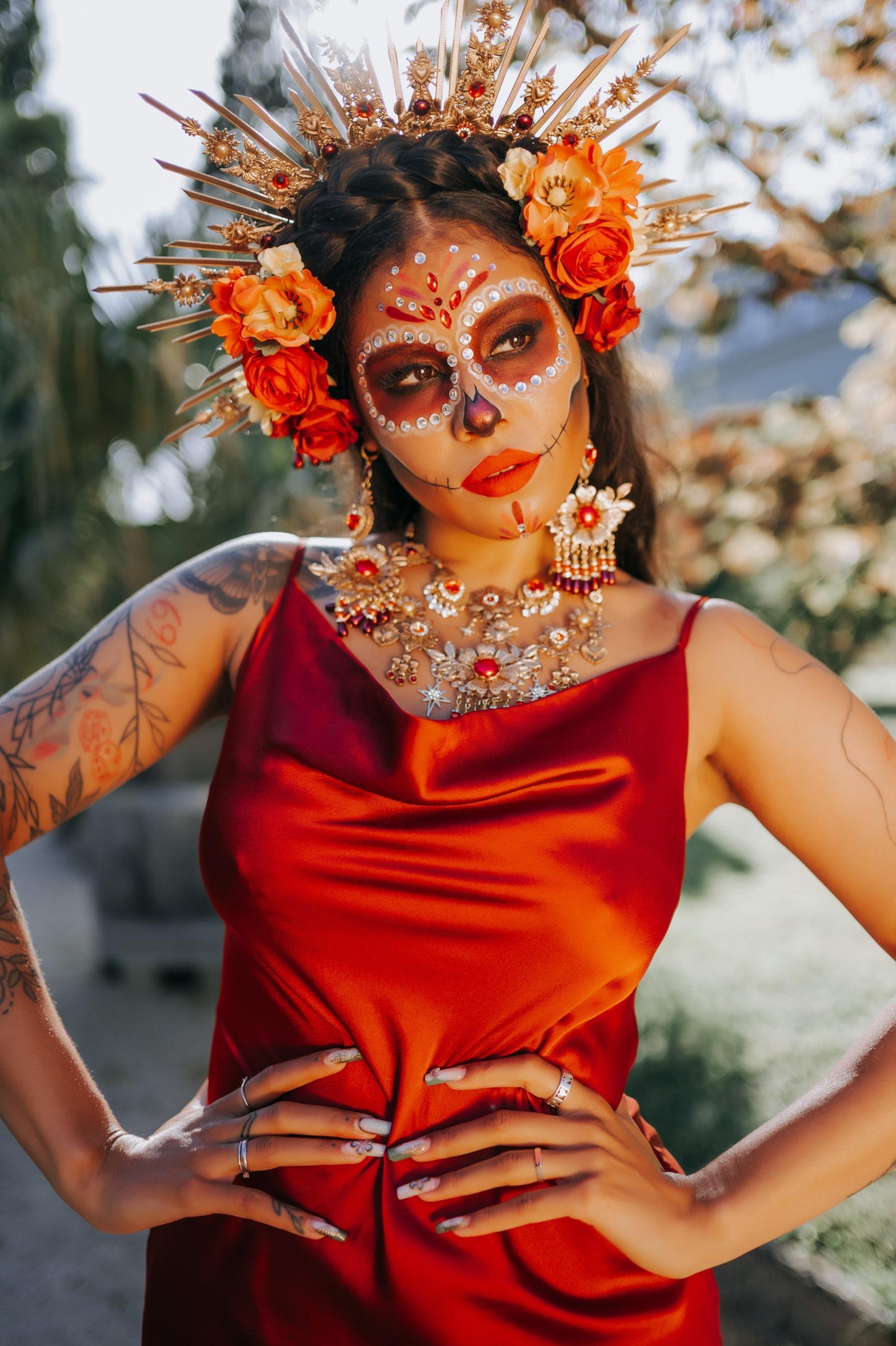 La Catrina Earrings Red Roses Gold Flowers Sacred Skulls Mexican Día De Los Muertos Jewelry Spiritual Festival Goddess Accessories