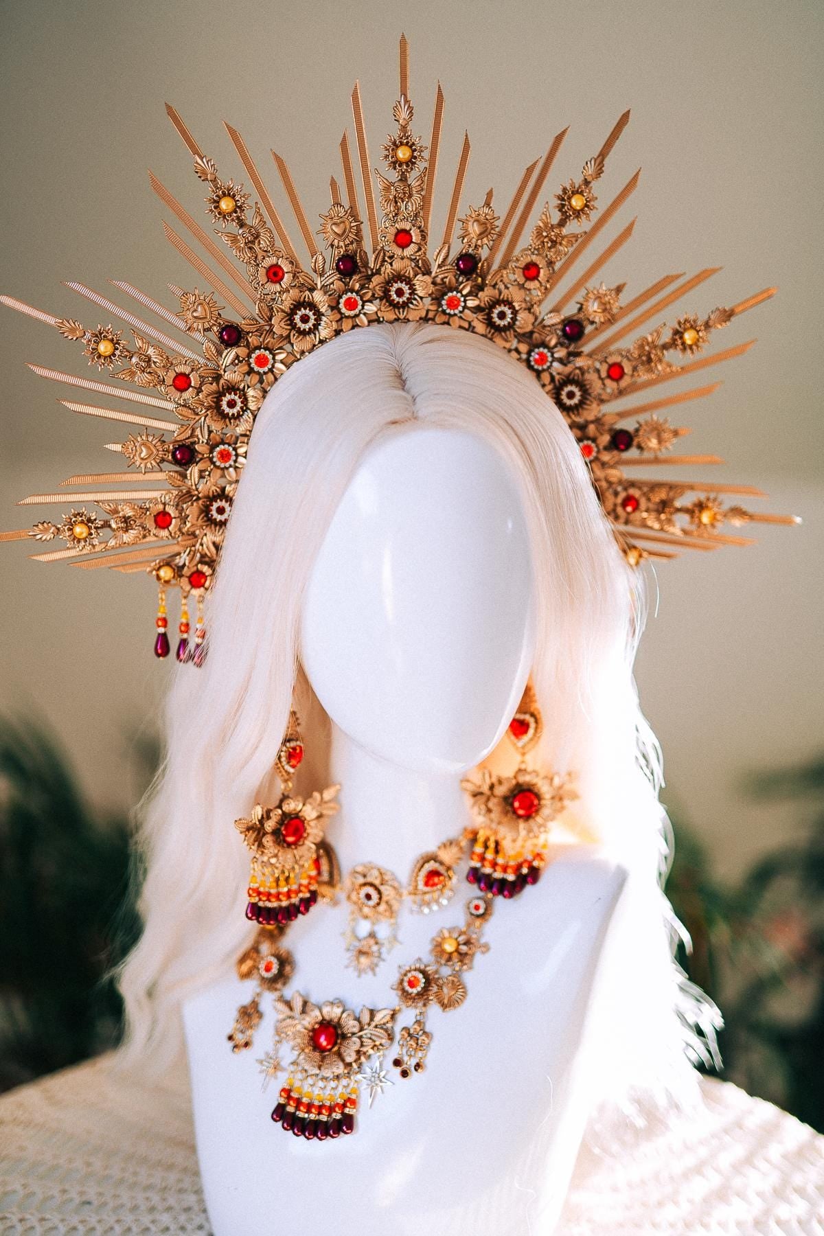 La Catrina Earrings Red Roses Gold Flowers Sacred Skulls Mexican Día De Los Muertos Jewelry Spiritual Festival Goddess Accessories