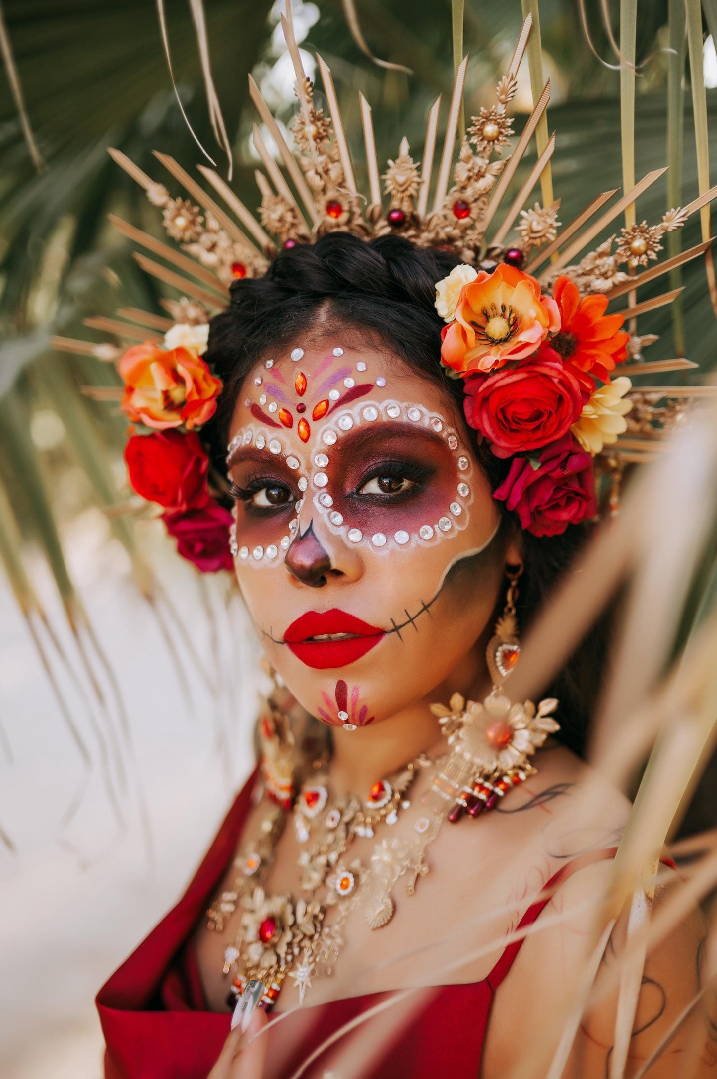 La Catrina Hairpin Set Red Roses Gold Flowers Sacred Skulls Mexican Día De Los Muertos Hair Accessories Floral Spiritual Headpiece