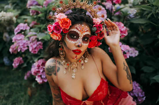 La Catrina Crown Red Roses Pink Flowers Gold Sacred Hearts Mexican Día De Los Muertos Halo Spiritual Goddess Festival Headpiece