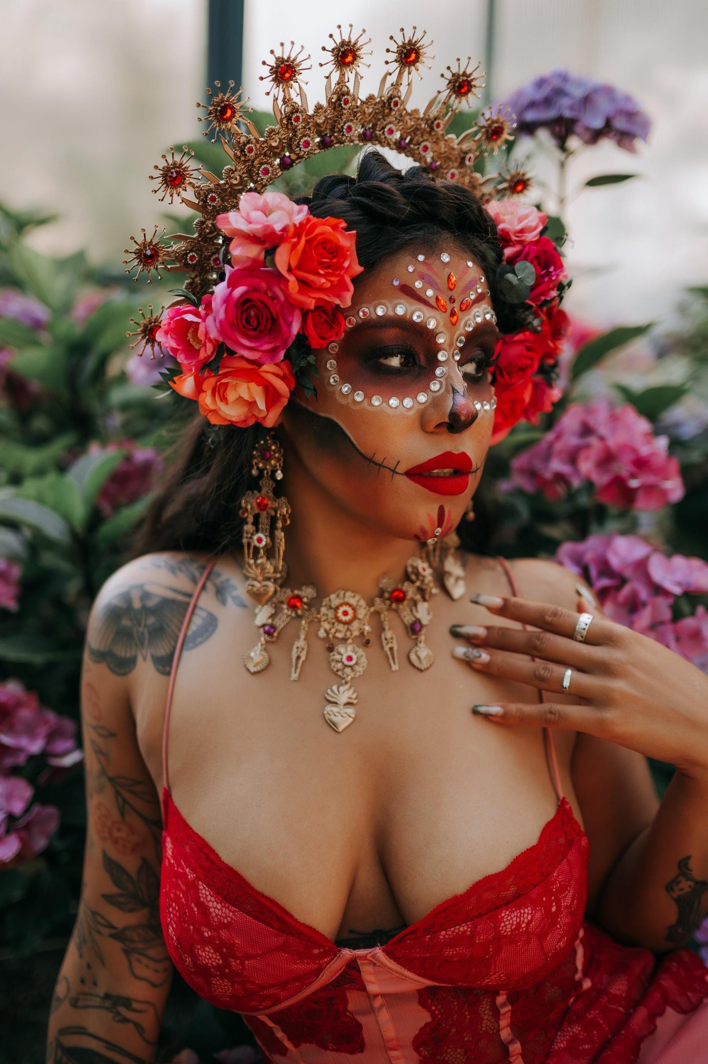La Catrina Crown Red Roses Pink Flowers Gold Sacred Hearts Mexican Día De Los Muertos Halo Spiritual Goddess Festival Headpiece