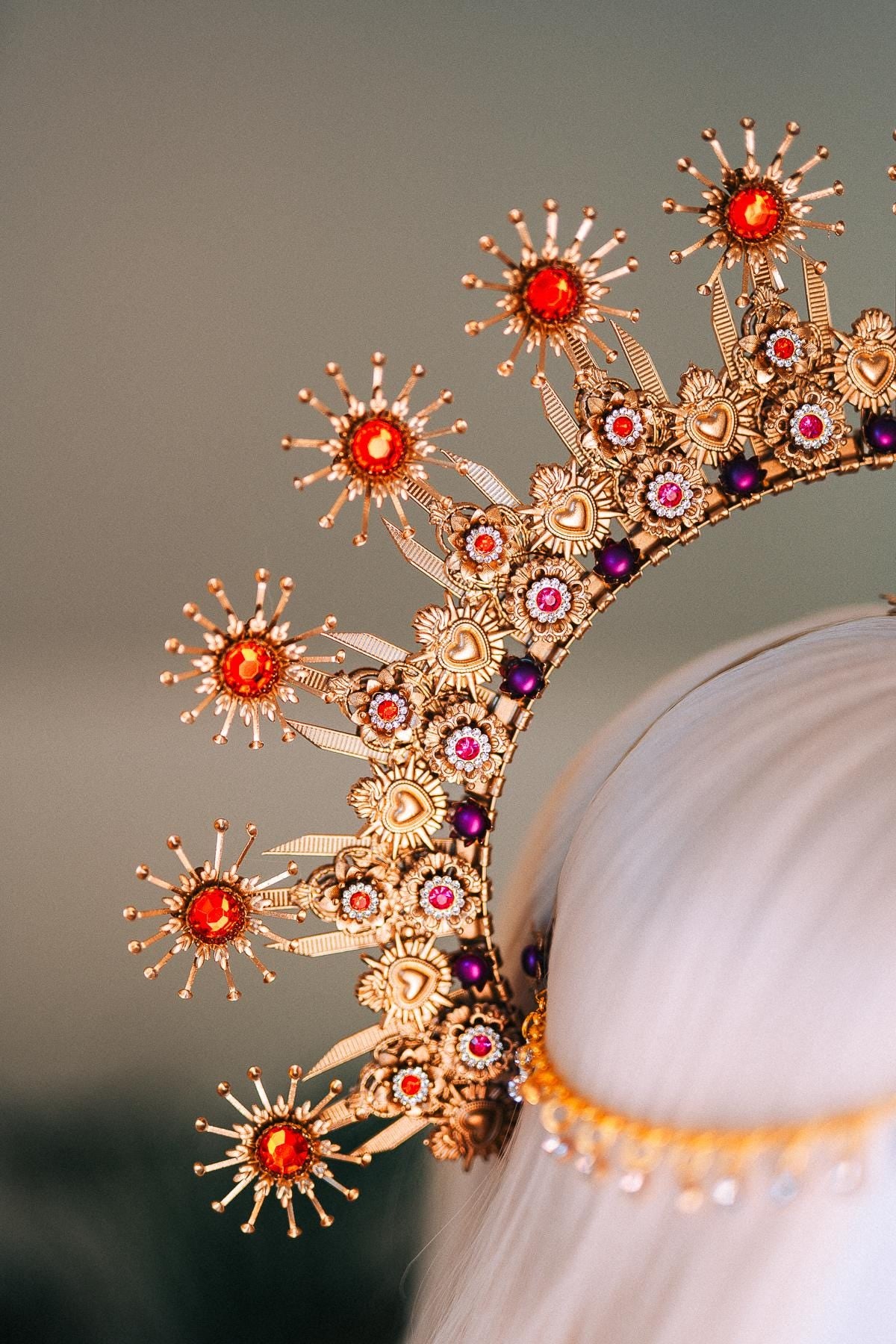 La Catrina Crown Red Roses Pink Flowers Gold Sacred Hearts Mexican Día De Los Muertos Halo Spiritual Goddess Festival Headpiece