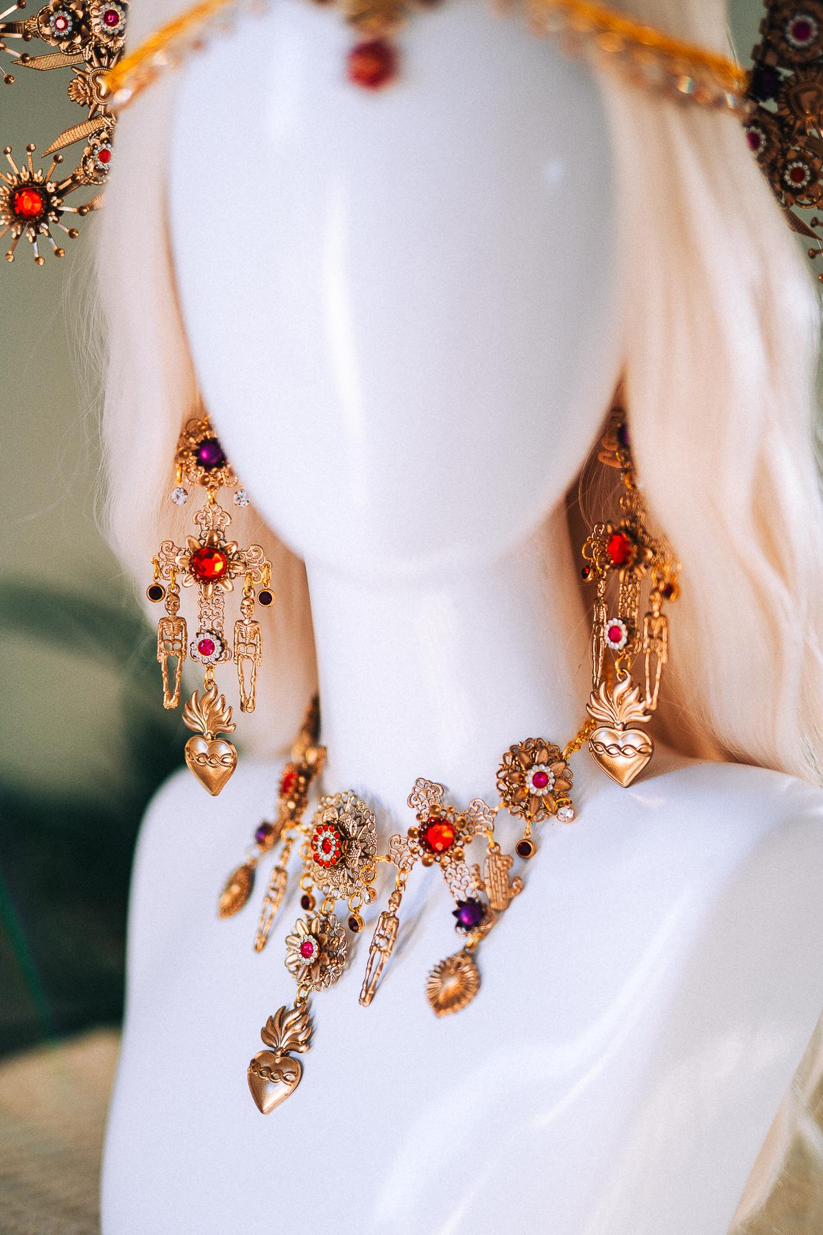 La Catrina Necklace Red Roses Pink Flowers Gold Sacred Hearts Mexican Día De Los Muertos Jewelry Spiritual Festival Goddess Statement