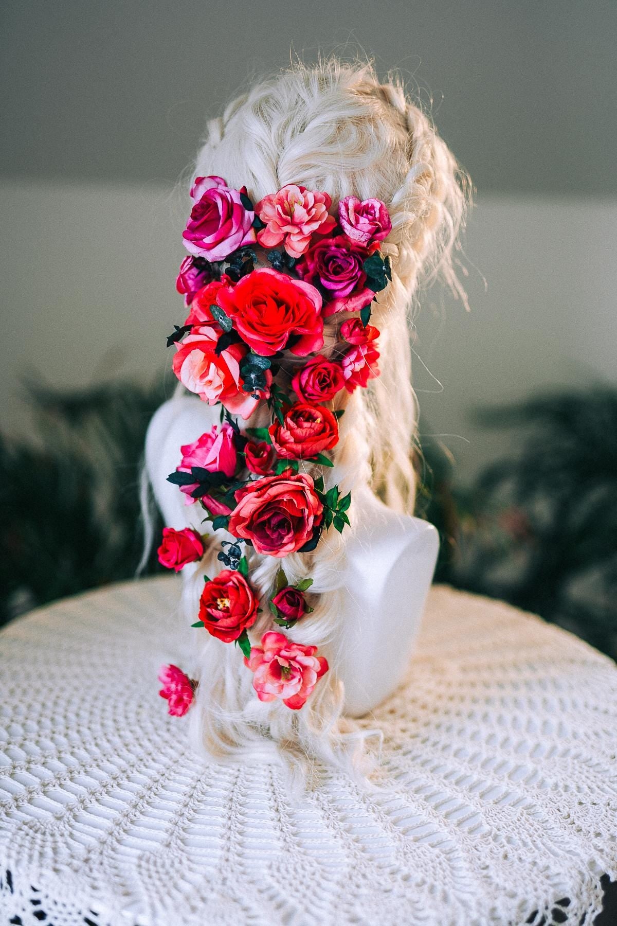 La Catrina Necklace Red Roses Pink Flowers Gold Sacred Hearts Mexican Día De Los Muertos Jewelry Spiritual Festival Goddess Statement