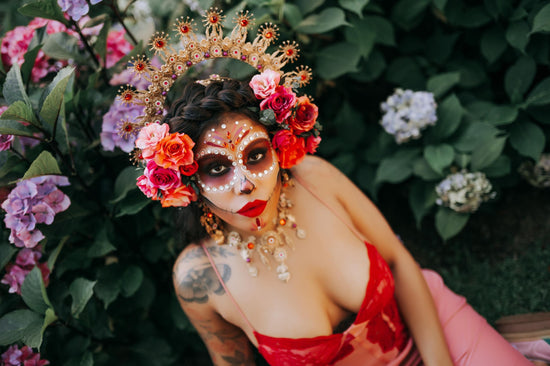La Catrina Earrings Red Roses Pink Flowers Gold Sacred Hearts Mexican Día De Los Muertos Jewelry Spiritual Goddess Festival Accessories