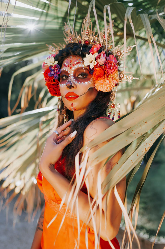 La Catrina Gold Crown Red Flower Halo Headpiece Day Of The Dead Costume Sugar Skull Calavera Halloween Festival Tiara Gothic Headband