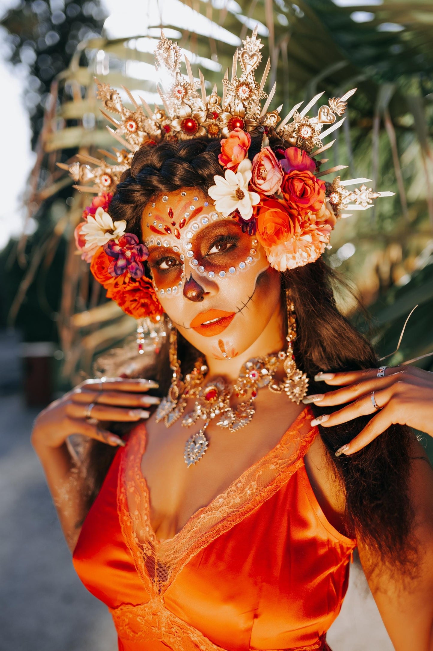 La Catrina Gold Crown Red Flower Halo Headpiece Day Of The Dead Costume Sugar Skull Calavera Halloween Festival Tiara Gothic Headband