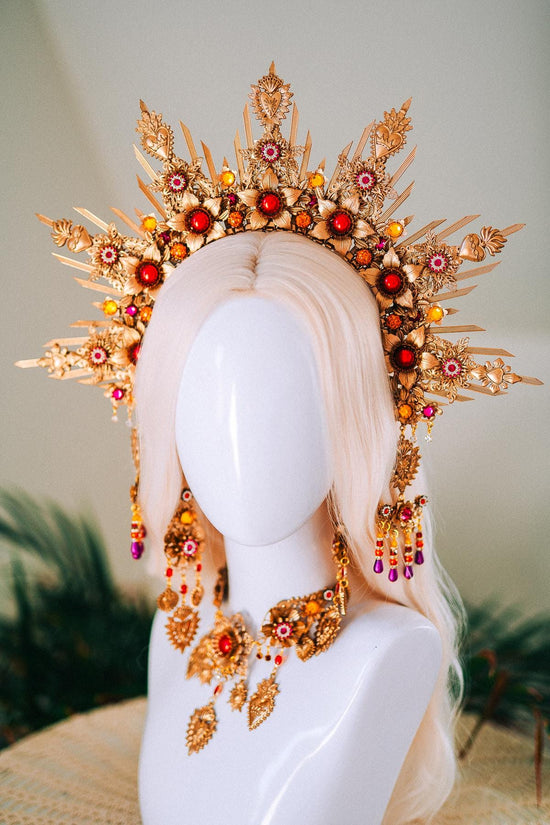 La Catrina Gold Crown Red Flower Halo Headpiece Day Of The Dead Costume Sugar Skull Calavera Halloween Festival Tiara Gothic Headband