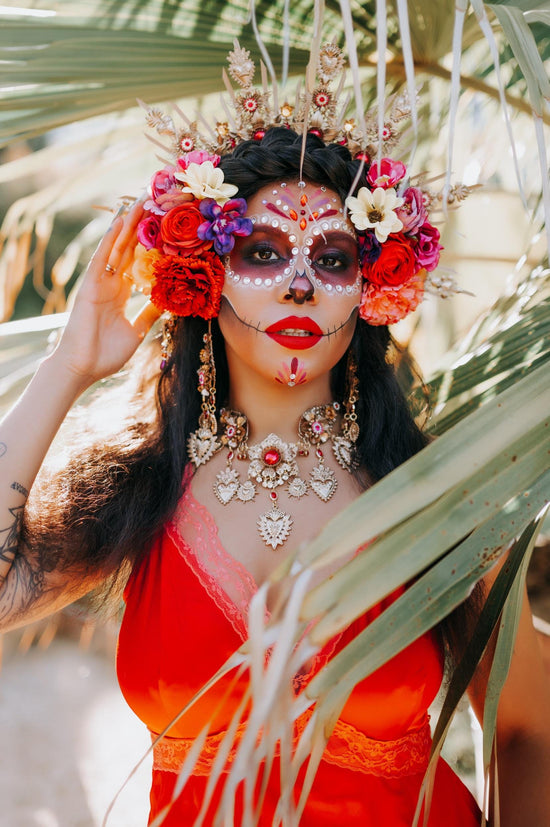 La Catrina Gold Crown Red Flower Halo Headpiece Day Of The Dead Costume Sugar Skull Calavera Halloween Festival Tiara Gothic Headband