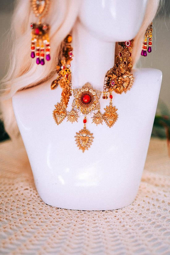 La Catrina Earrings Gold Red Gem Jewelry Sacred Heart Drops Day Of The Dead Sugar Skull Calavera Halloween Festival Gothic Accessories