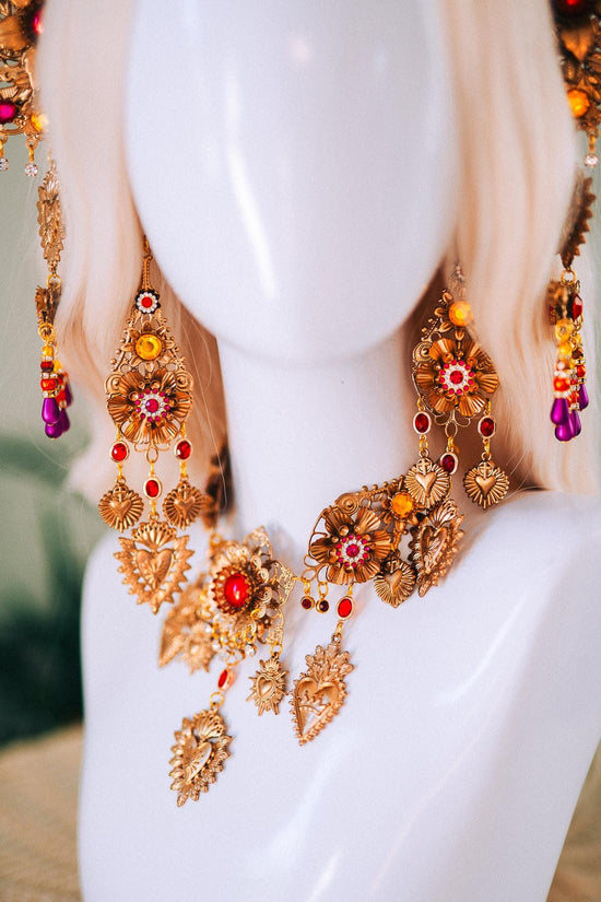 La Catrina Full Hairpin Set Red Flower Hair Accessories Gold Floral Hairpiece Day Of The Dead Sugar Skull Calavera Halloween Costume Hair