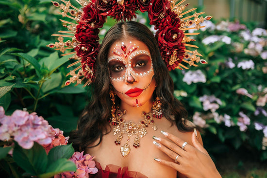 La Catrina Halo Crown Red Roses Gold Spikes Sacred Heart Skull Headpiece Day Of The Dead Catrina Costume Flower Crown