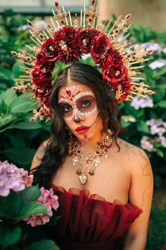 La Catrina Necklace And Crown Day Of The Dead Burgundy Halo Headpiece Sacred Heart Jewelry Gothic Costume