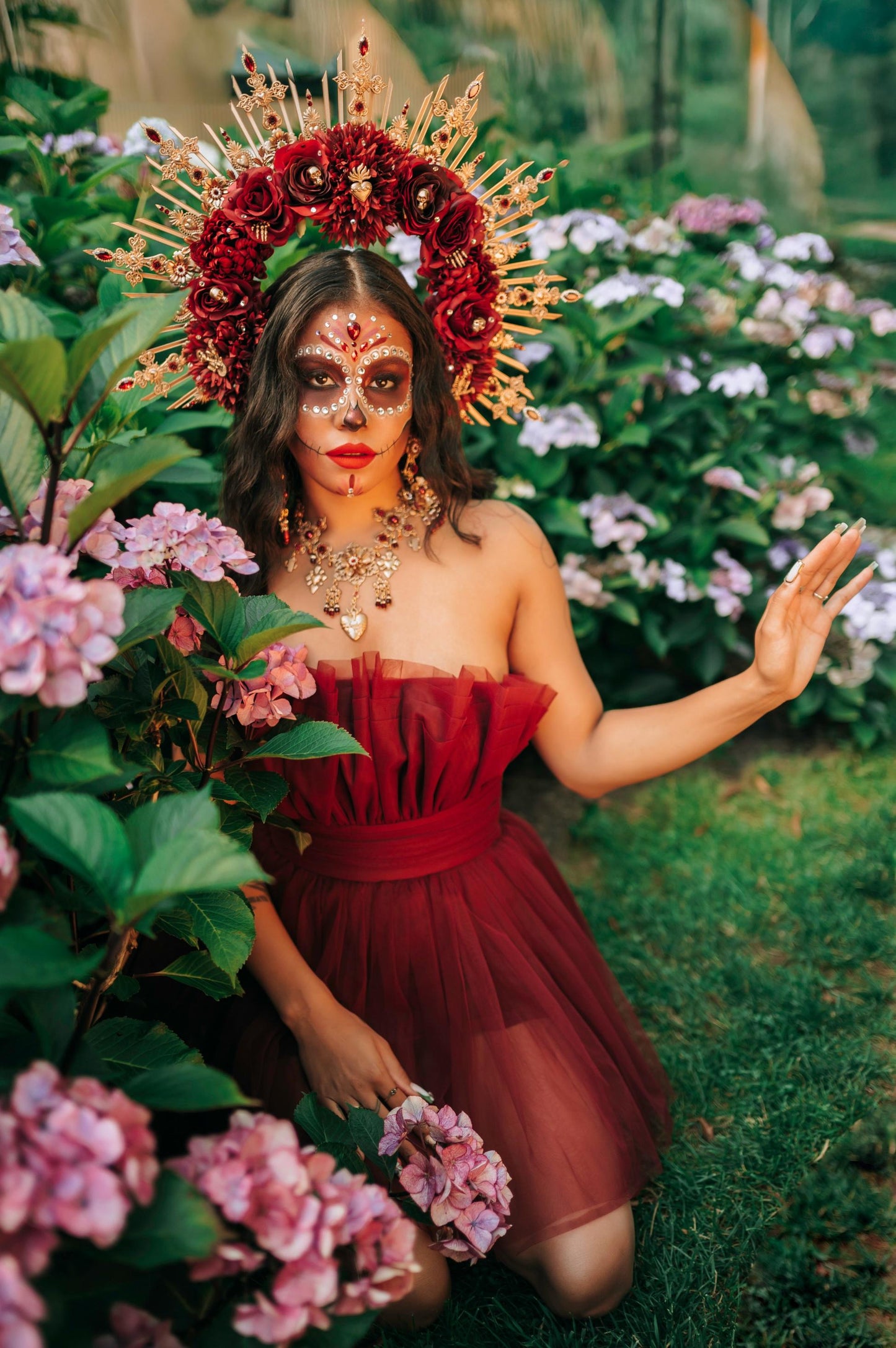 La Catrina Necklace And Crown Day Of The Dead Burgundy Halo Headpiece Sacred Heart Jewelry Gothic Costume