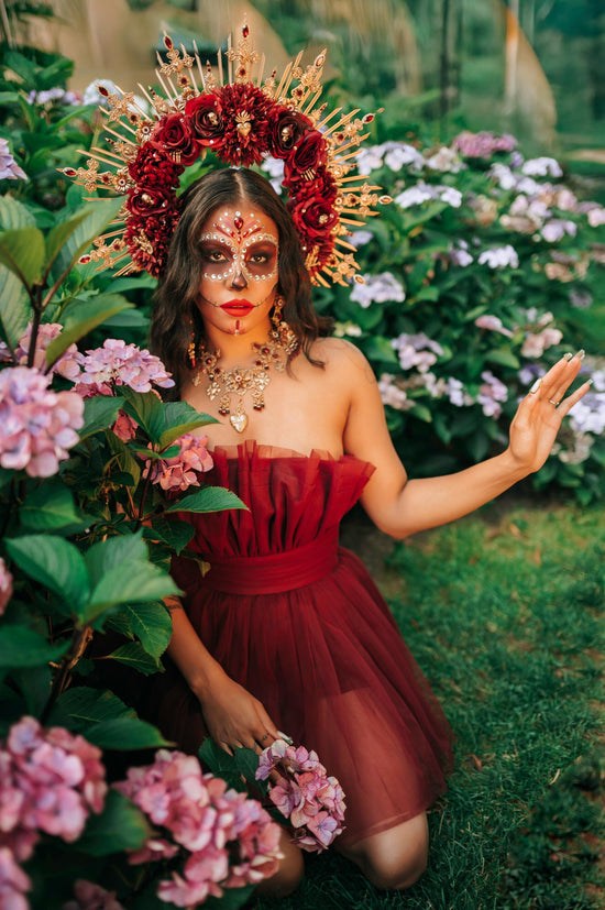 La Catrina Necklace And Crown Day Of The Dead Burgundy Halo Headpiece Sacred Heart Jewelry Gothic Costume