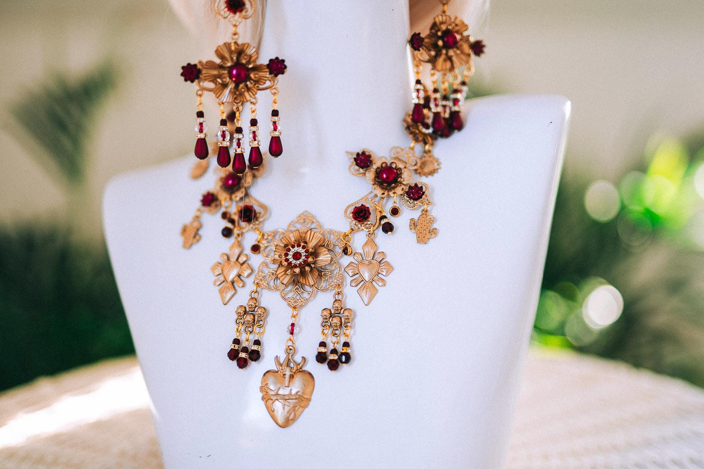 La Catrina Necklace And Crown Day Of The Dead Burgundy Halo Headpiece Sacred Heart Jewelry Gothic Costume